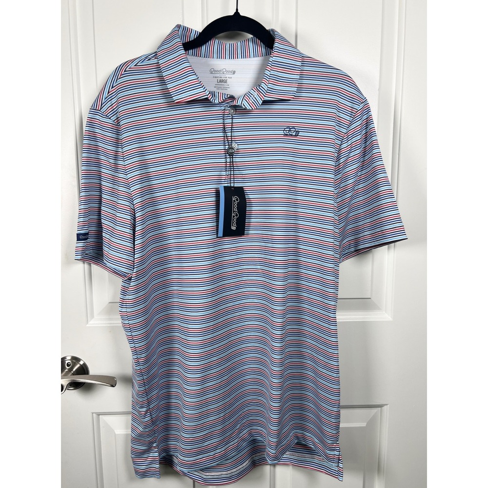Good Good Golf Mens Large Polo Shirt Red White Blue Striped Performance NWT